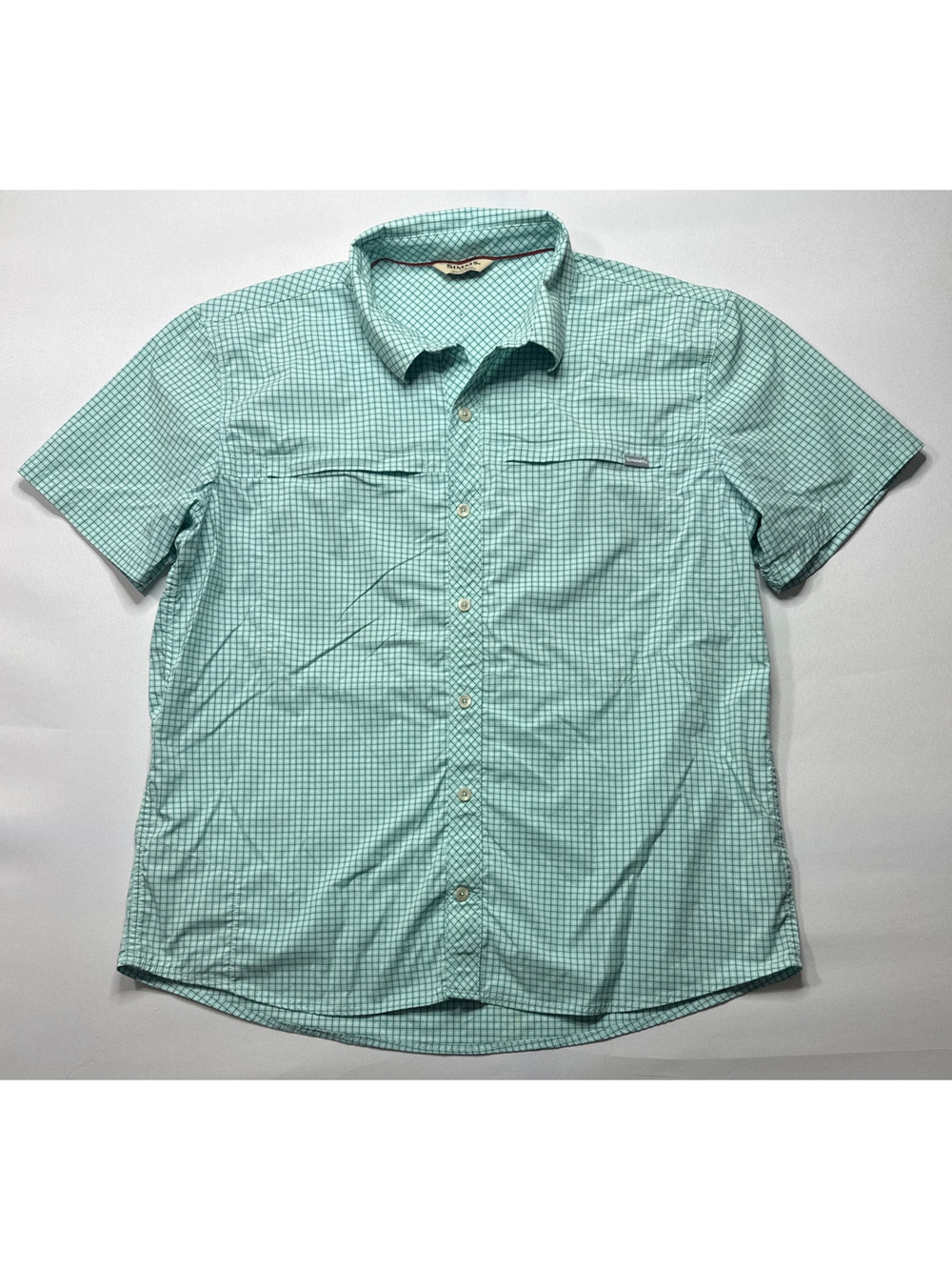 Simms Men's Short Sleeve‎ Blue Plaid Button Up Fishing Shirt - Size XL*